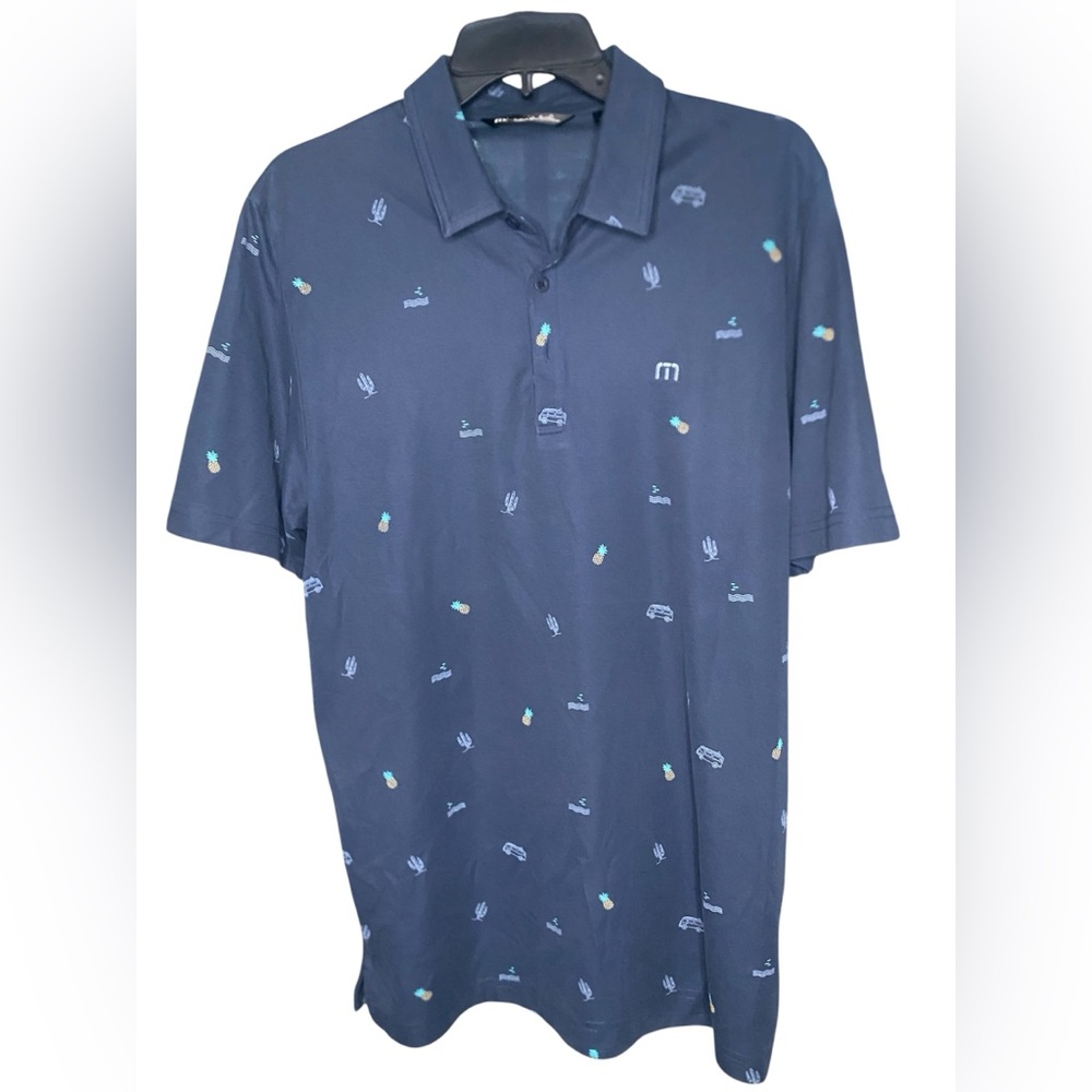Travis Mathew Polo Shirt Mens Blue Pineapple Bus Cactus Golf All Over Print Sz L